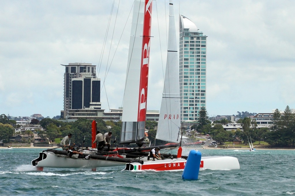 Luna Rossa wait for racing to start off Takapuna Beach, Auckland © Richard Gladwell www.photosport.co.nz